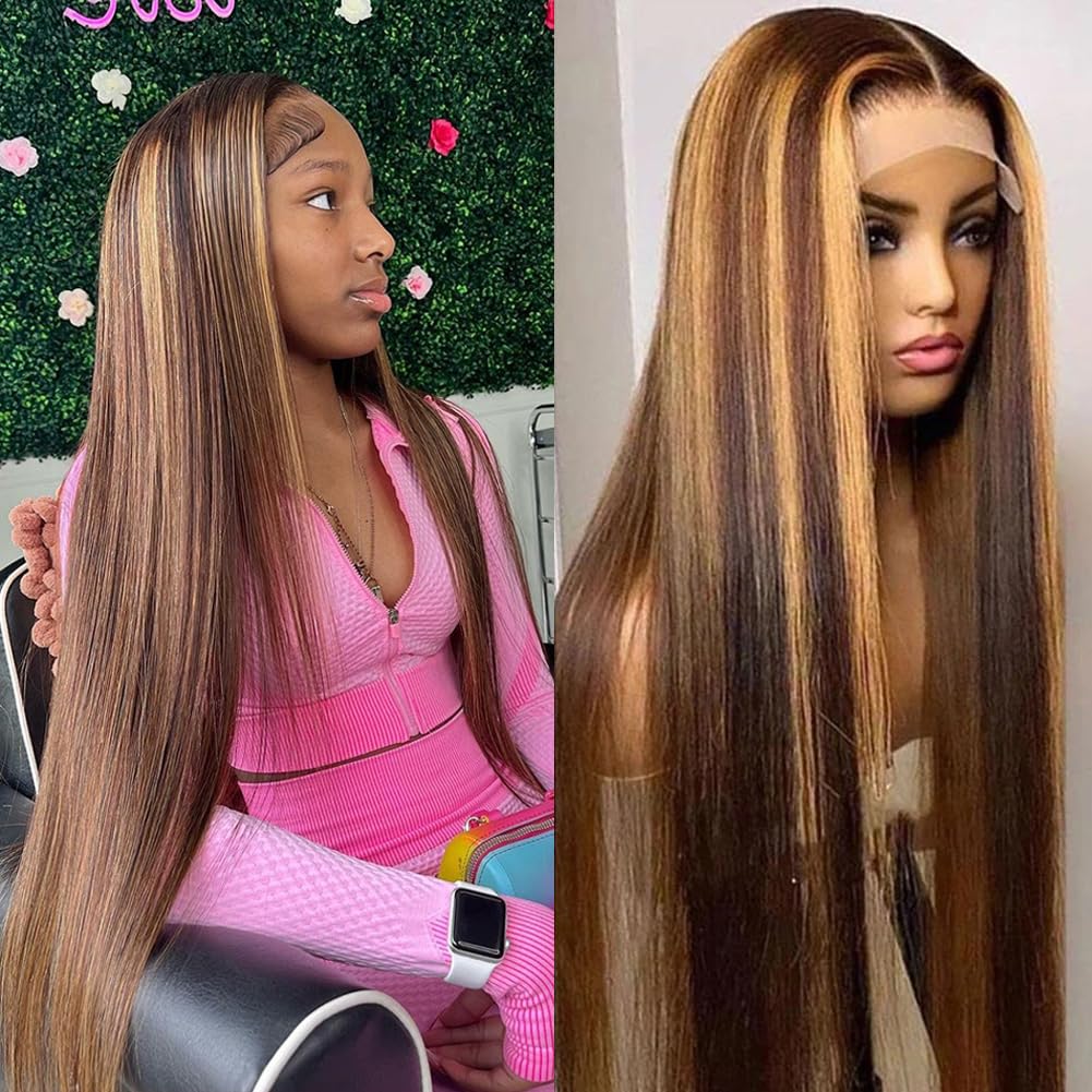 Healthair Ombre Lace Front Wigs Human hair Highlight 4/27 Honey Blonde Lace Front Wig 180% Density Straight Human Hair Wig 13x4 HD Transparent Lace Wigs for Black Women (4/27, 20inch)