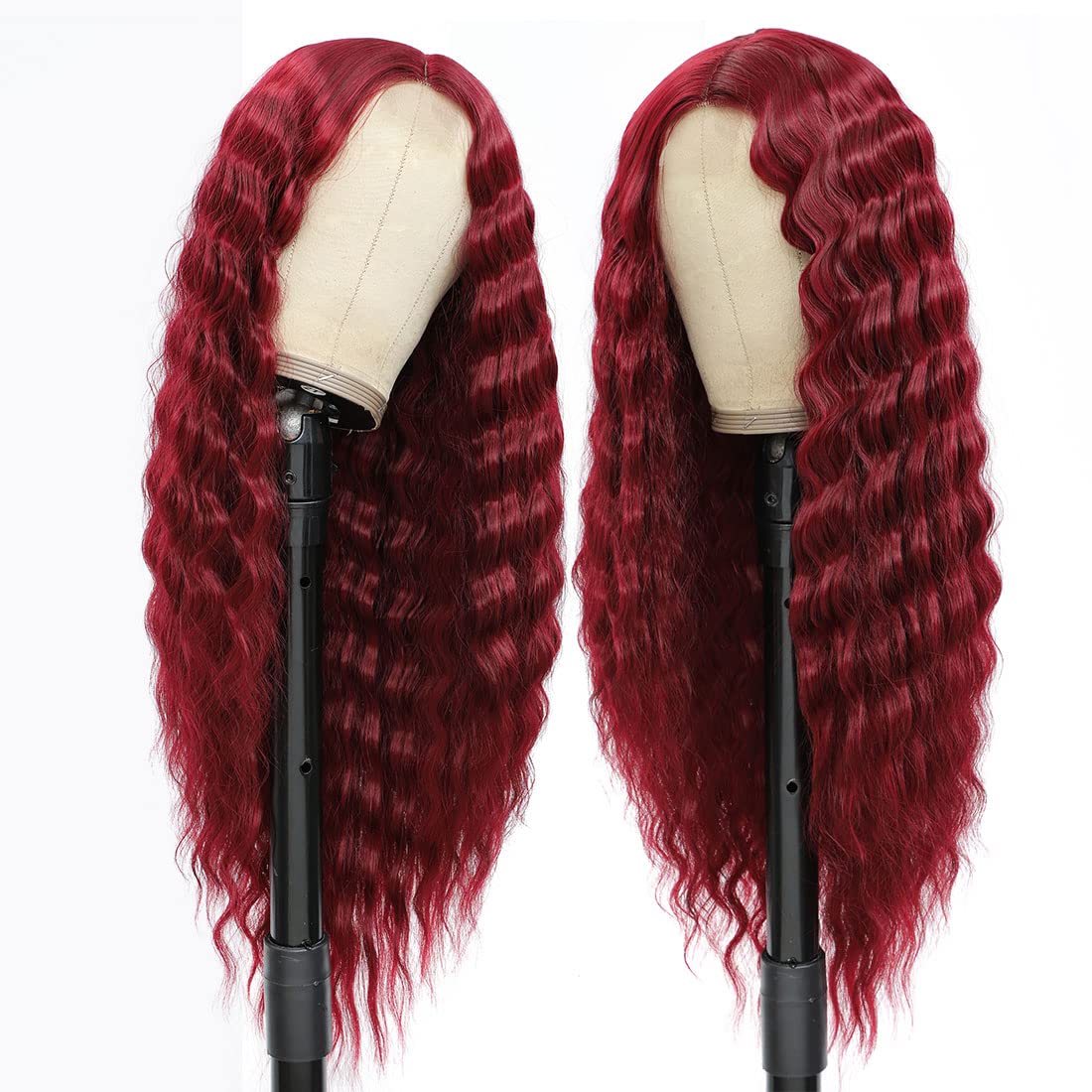 Long Deep Wave Wig Burgundy Lace Front wigs 28 Inch Long Curly Synthetic Wigs for Women Fake Scalp Natural Crimps Curls Wig,Bug#