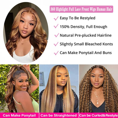 Atilck 360 Lace Front Wigs Human Hair Full Lace Human hair Wigs Ombre Lace Frontal 180 Density 4/27 Colored Honey Blonde 360 HD Transparent Wigs for Black Women (18 Inch)