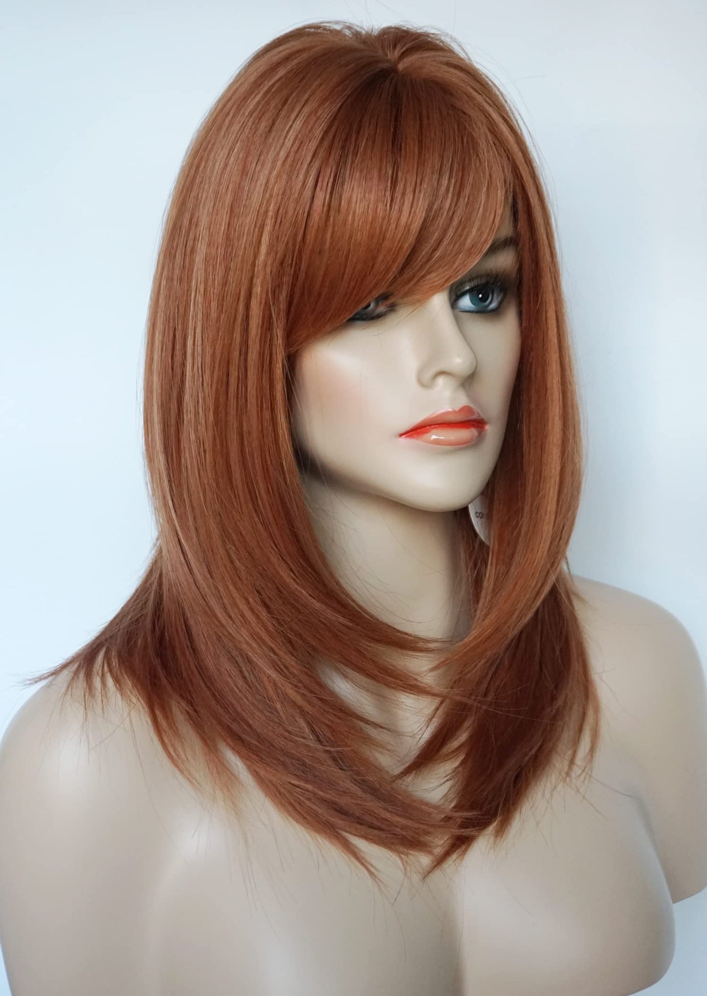 Women's Brown Red Shoulder Length Layered Wig with Bangs - Synthetic Medium Length Wig for White Women (Copper Red)