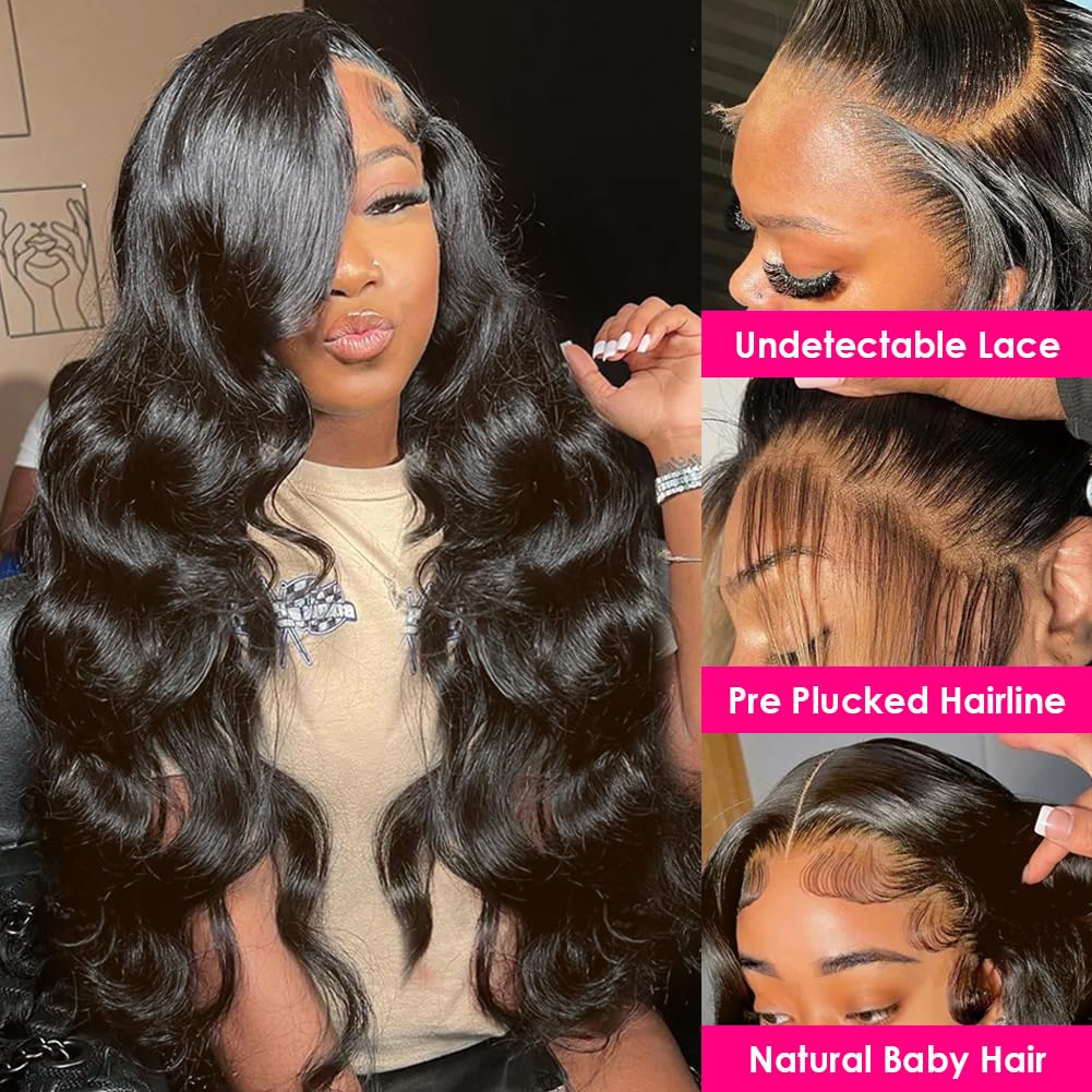 Wingirl 30 Inch Lace Front Wigs Human Hair 13x5 220 Density HD Transparent Lace Frontal Wig with Baby Hair 12A Glueless Body Wave Human Hair Wigs for Women Black Color