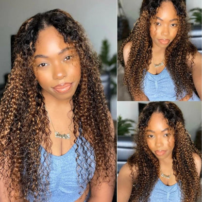 UNICE Curly V Part Wigs Human Hair Balayage Brown Highlight Clip in Upgrade U Part Wig No Leave Out Wear Go Glueless Human Hair Wig Beginner Friendly 18 inch