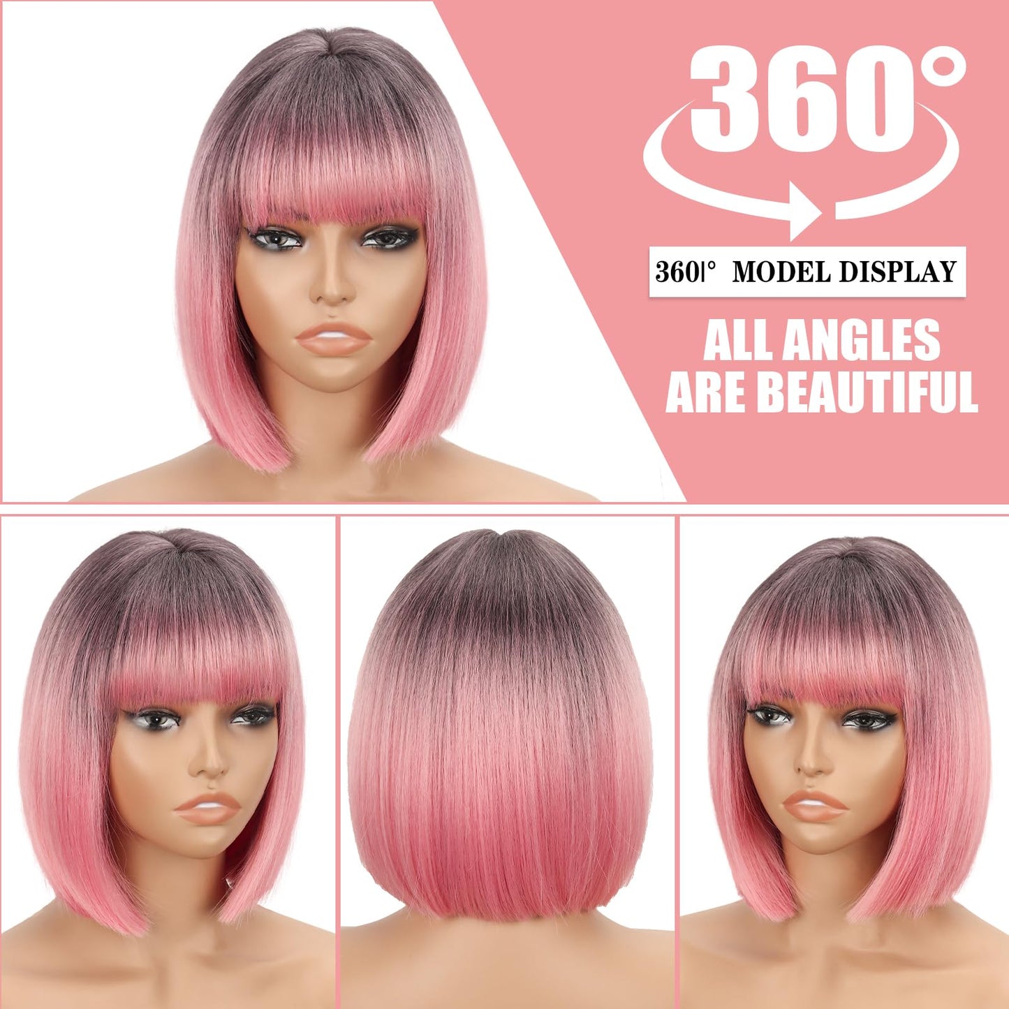 WERD Short Pink Bob Wig for Women Ombre Pink Wig With Bangs Synthetic Hair Straight Pink Bob Wig for Daily Party Cosplay