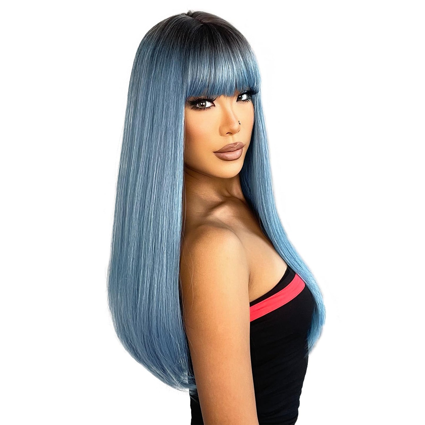 ENTRANCED STYLES Ombre Blue Wig with Bangs Long Straight Mixed Blue Wigs for Women Cosplay Wigs for Girls Natural Hairline Heat Resistant Synthetic Wig for Cosplay Halloween Party Daily