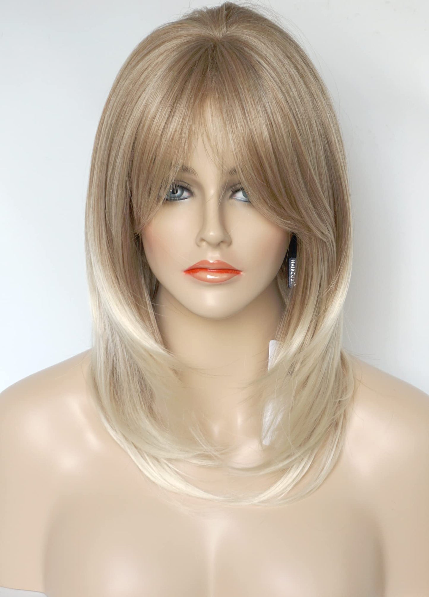 Medium Length Layered Golden Blonde Wigs with dark roots Highlights wigs Layered wig with bangs Synthetic wig Highlight for white Women (Golden blonde)