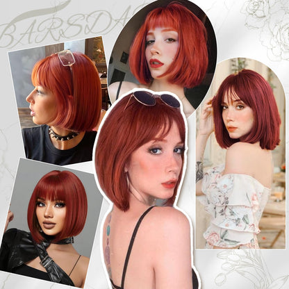 BARSDAR Short Bob Wig with Bangs - Short Copper Auburn Bob Wig with Bangs for Women - 12 Inch Chin-Length Natural Looking Soft Synthetic Hair Replacement Daily Halloween Party Copper Auburn Wigs