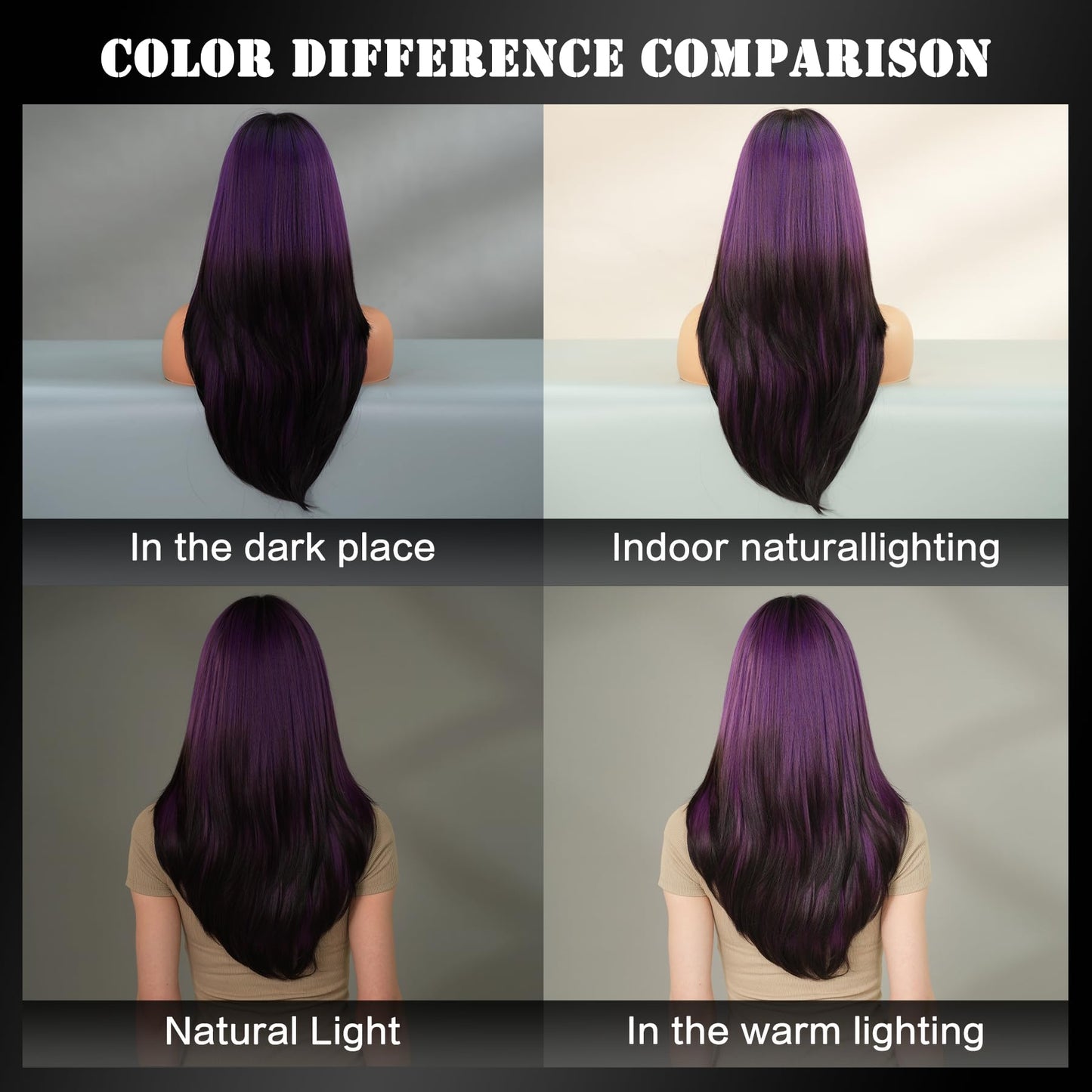 7JHH WIGS Long Straight Purple Synthetic Wig with Bangs 25inch Layered Hair Tail Dye Black Heart Resistant Synthetic Fiber Natural Looking Wigs for Women Party Cospaly and Daily Used