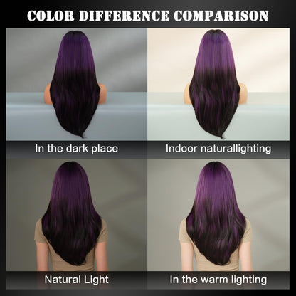 7JHH WIGS Long Straight Purple Synthetic Wig with Bangs 25inch Layered Hair Tail Dye Black Heart Resistant Synthetic Fiber Natural Looking Wigs for Women Party Cospaly and Daily Used