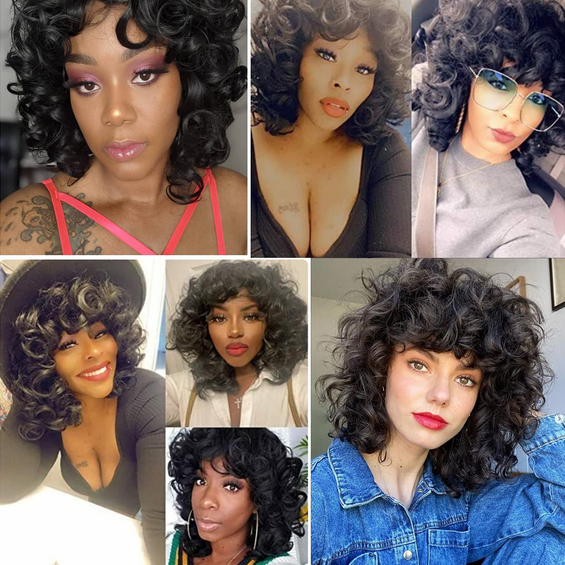 andromeda Curly Wigs for Black Women Soft Black Short Curly Wig with Bangs Afro Loose Curls Heat Resistant Synthetic Wig for African American Women (Black)