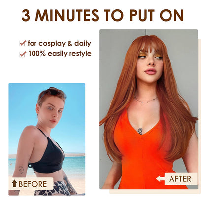 ENTRANCED STYLES Auburn Wigs for Women Long Straight Wig with Bangs Reddish Brown Wig Colored Cosplay Wig Heat Resistant Synthetic Copper Red Wig for Daily Party Use 22 Inch