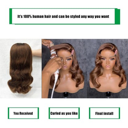 Brown Bob Wig Human Hair 13x4 Frontal Lace Wig 16 Inch Body Wave HD Lace Front Wigs Human Hair Pre Plucked Glueless Bob Wigs for Women (#4 Brown, 16 Inch)