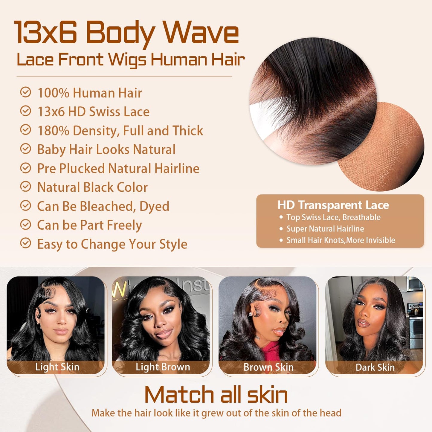 Wolfay 24 Inch 13x6 HD Lace Front Wigs Human Hair Body Wave 13x6 Transparent Frontal Wigs Human Hair Pre Plucked Natural Hairline 180% Density Glueless Wig for Women Daily Party Natural Black