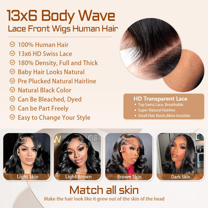 Wolfay 22 Inch 13x6 HD Lace Front Wigs Human Hair Body Wave 13x6 Transparent Frontal Wigs Human Hair Pre Plucked Natural Hairline 180% Density Glueless Wig for Women Daily Party Natural Black