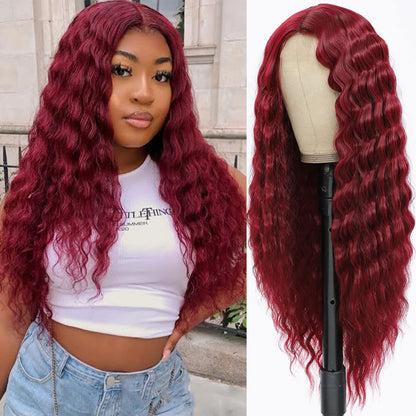 Long Deep Wave Wig Burgundy Lace Front wigs 28 Inch Long Curly Synthetic Wigs for Women Fake Scalp Natural Crimps Curls Wig,Bug#