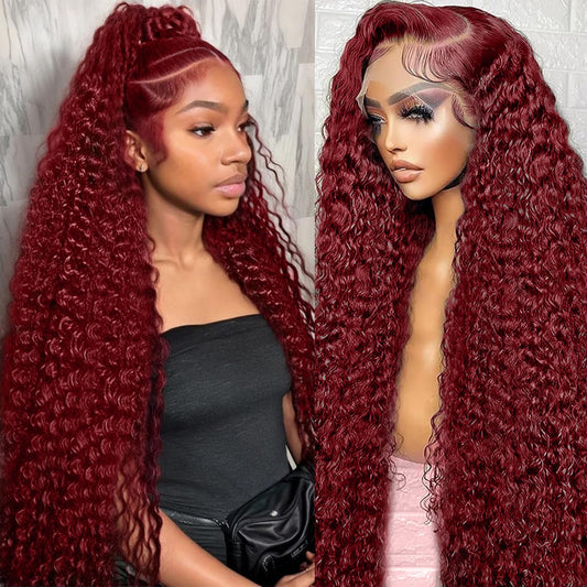 Bworto Burgundy Wig Human Hair 99j Burgundy 13x6 Deep Wave Lace Front Wigs Human Hair Pre Plucked HD Transparent Lace Frontal Wigs for Black Women Red Colored Wig 32 Inch