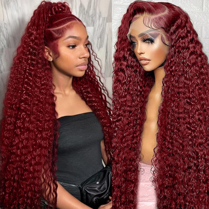 Bworto Burgundy Wig Human Hair 99j Burgundy 13x6 Deep Wave Lace Front Wigs Human Hair Pre Plucked HD Transparent Lace Frontal Wigs for Black Women Red Colored Wig 34 Inch