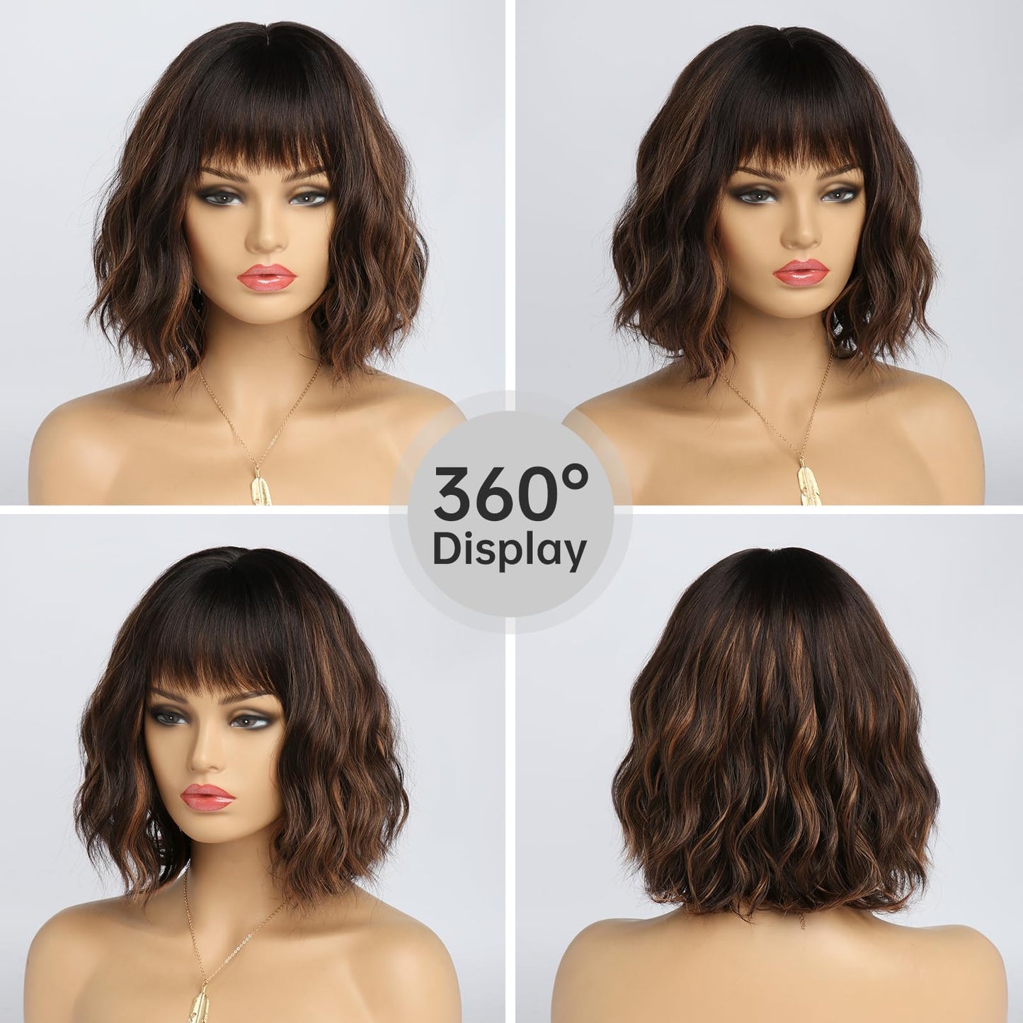 EssionTech Short Dark Brown Wig with Highlight Wigs for Women Brown Mixed Gold Wig Highlights with Bangs Medium Length Synthetic Hair Wavy Bob Wig Colorful Wigs（14 Inches）