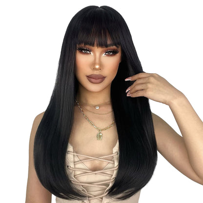 ENTRANCED STYLES Black Wig for Women Long Straight Black Wigs with Bangs Black Hair Wigs Heat Resistant Synthetic Womens Wig for Daily Party Christmas Halloween Use 22 Inch （1B