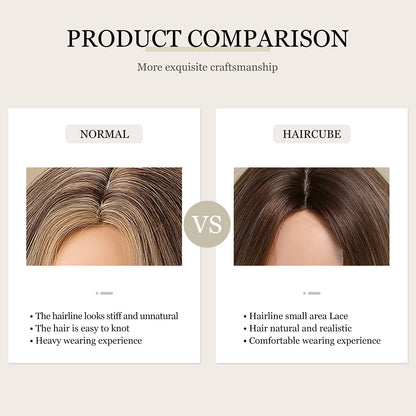 HAIRCUBE Ombre Blonde Bob Wig Shoulder Length Wigs for Women Dark Brown Roots Middle Part Heat Resistant Fibre Synthetic Wig Daily Natural looking