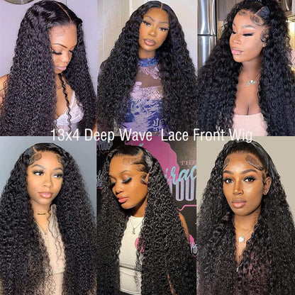 GIESWY Deep Wave Lace Front Wigs Human Hair Wigs for Black Women 13x4 HD Transparent Lace Frontal Glueless Wigs Pre Plucked With Baby Hair 180% Density Natural Black 24 inch