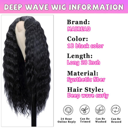 Mairead 28 Inch Long Curly Synthetic Lace Front Wigs for Black Women Loose Deep Wave Black Synthetic Wig Middle Part 4" Simulated Scalp Small Lace Front Wigs Natural Looking Crimps Curls Wig