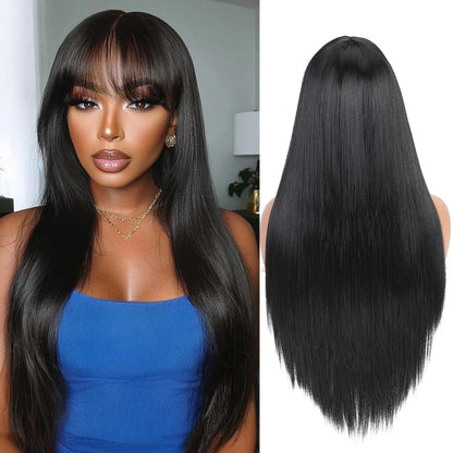 WIGER Long Black Wigs with Bangs Straight Black Hair Dye Wig for Women Long Bangs wig Full Black Cosplay Wig for Girls Synthetic Heat Resistant Natural Hair for Daily or Costumes (1B with Bangs)