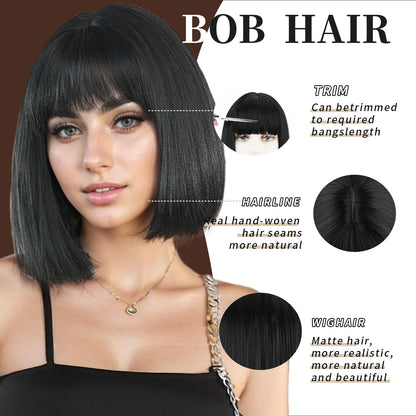 Short Black Straight Wig with Bangs Black Wigs for Women Bob Shoulder Length Wigs Heat Resistant Fiber Synthetic Hair Wigs Hair Replacement Natural Looking(12INCH)