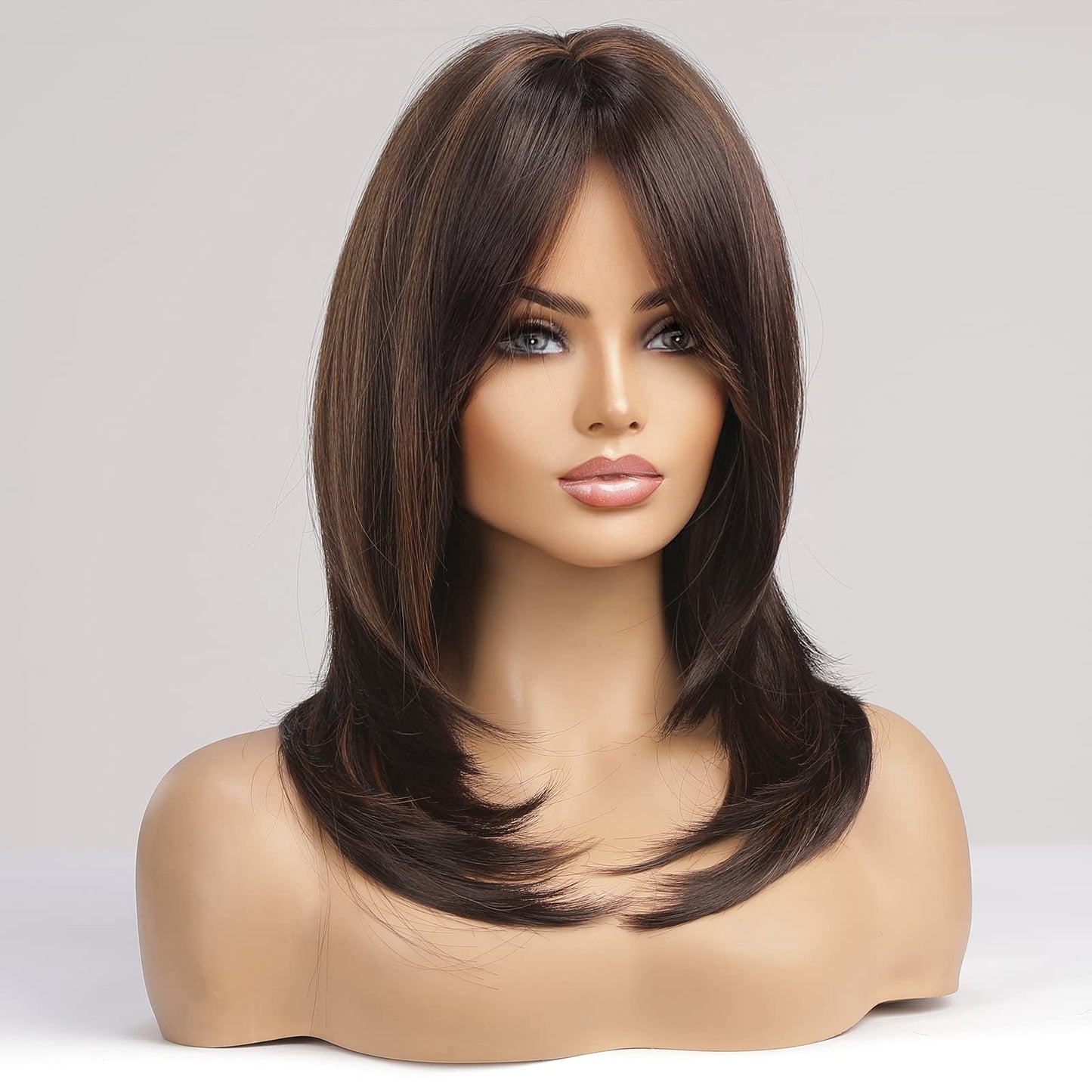 Alanhair Brown with Blonde Highlight Wigs for Women,Shoulder-Length Wig with Bangs Synthetic Hair Layered Wigs Heat Resistant Fibre Natural and Realistic
