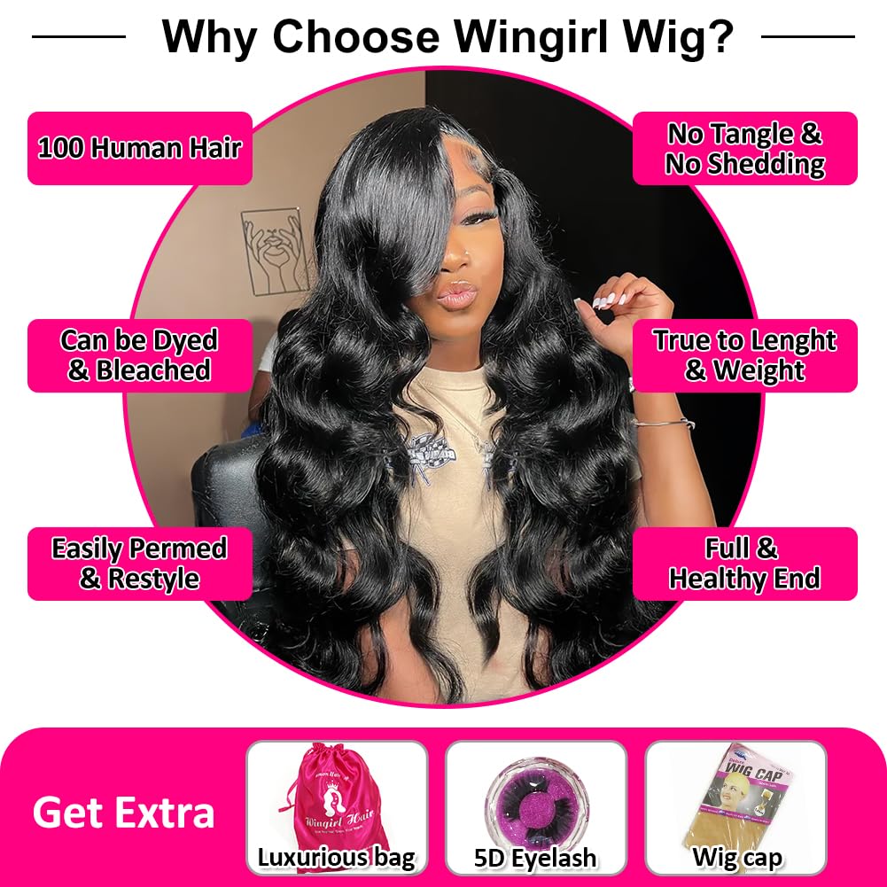 Wingirl 220 Density HD Lace Front Wigs Human Hair Pre Plucked 13x5 Transparent Body Wave Lace Frontal Wig with Baby Hair 12A Glueless Human Hair Wigs for Women Black Color 24 Inch