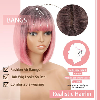 WERD Short Pink Bob Wig for Women Ombre Pink Wig With Bangs Synthetic Hair Straight Pink Bob Wig for Daily Party Cosplay
