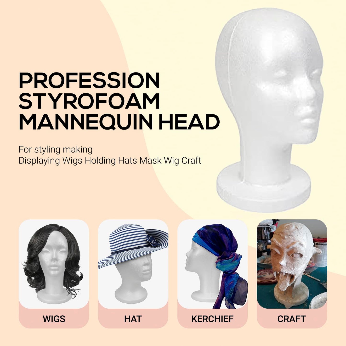 STUDIO LIMITED 11.4-Inch Styrofoam Mannequin Head (2 Pack) - White Foam Wig Stand for Wigs, Hats, Masks, Hairpieces, Arts, Crafts, DIY Projects, Salon Display, and Travel Use