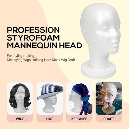 STUDIO LIMITED 11.4-Inch Styrofoam Mannequin Head (2 Pack) - White Foam Wig Stand for Wigs, Hats, Masks, Hairpieces, Arts, Crafts, DIY Projects, Salon Display, and Travel Use