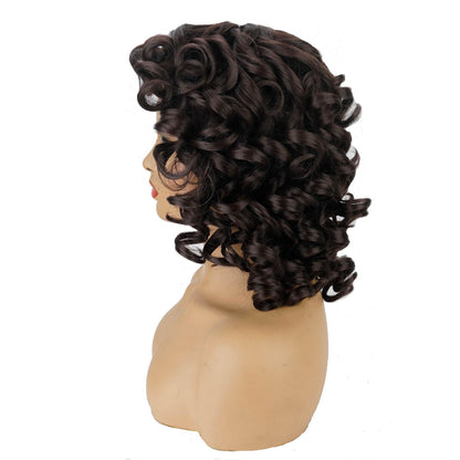 andromeda Brown Curly Wigs for Black Women Soft Afro Kinky Curly Wig with Bangs Loose Cute Curly Heat Resistant Natural Looking Synthetic Wig for Women(Brown/4#)