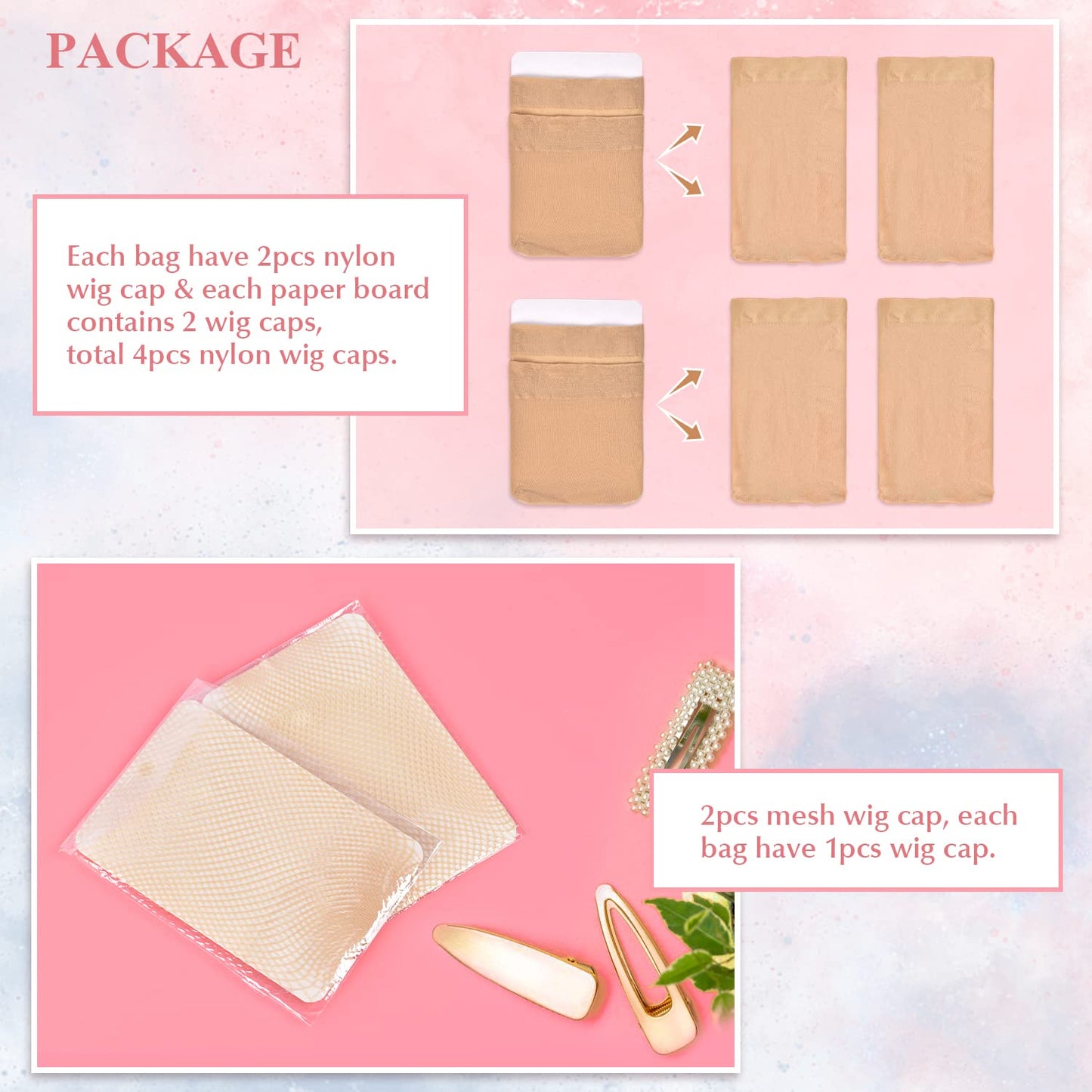 MORGLES 4Pcs Nylon Wig Caps with 2Pcs Mesh Net Wig Cap for Women Non Slip Lace Front Nude