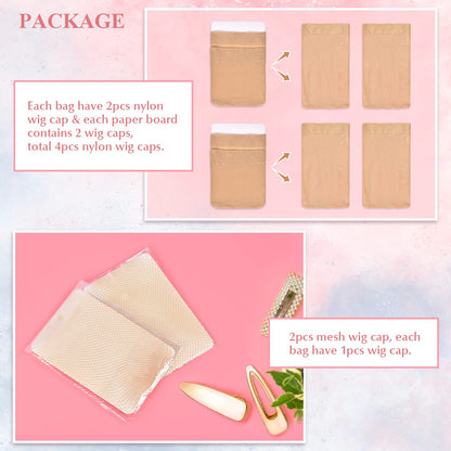 MORGLES 4Pcs Nylon Wig Caps with 2Pcs Mesh Net Wig Cap for Women Non Slip Lace Front Nude