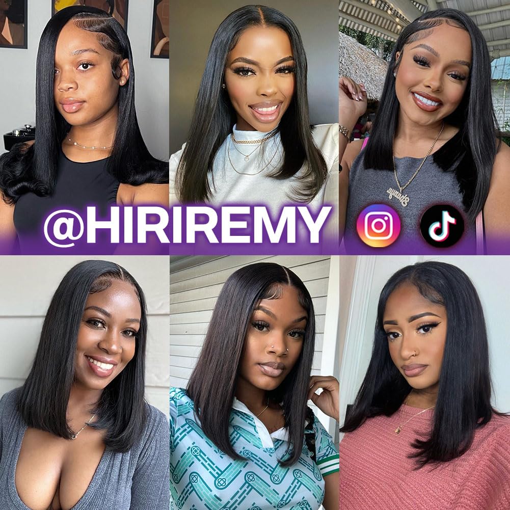 HIRIREMY Bob Wig Human Hair 13x4 HD Lace Frontal Short Straight Lace Front Bob Wigs for Black Women Human Hair Pre Plucked Glueless Side Part 180% Density Black Color 16 Inch