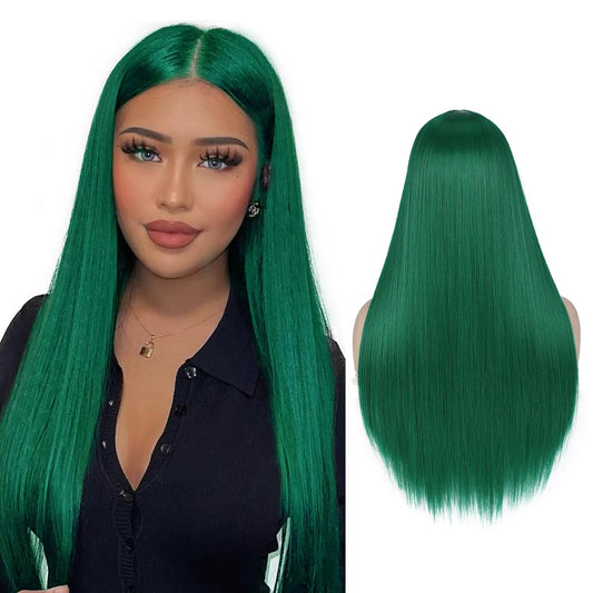 WIGER Green Wig Long Straight Hair Wigs Middle Part Natural Heat Resistant Synthetic Fiber Party Cosplay Costume Full Wigs for Women Girls