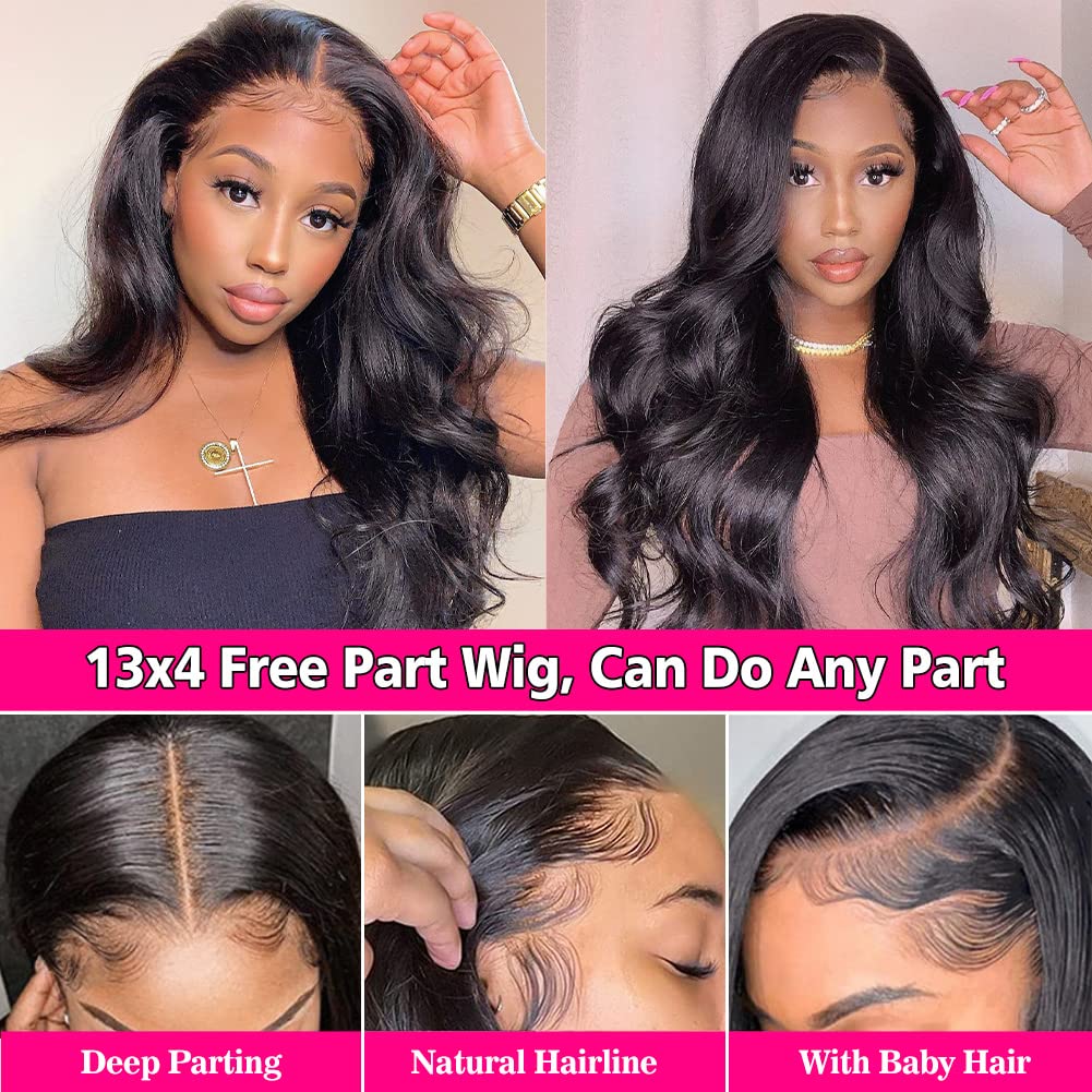 Pizazz 13x4 Transparent Lace Front Wigs Human Hair Pre Plucked with Baby Hair 180 Density Glueless Body Wave Frontal Wigs Human Hair with Natural Hairline(30 Inch)