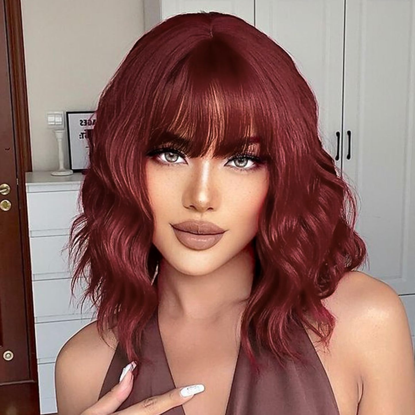Wine Red Short Wavy Wigs with Bangs Bob Wig Shoulder Length 14Inch Synthetic Hair for Women Girl Colorful Cosplay Wig Synthetic Heat Resistant Fiber Hair for Daily Party Halloween Use(118A#WineRed)