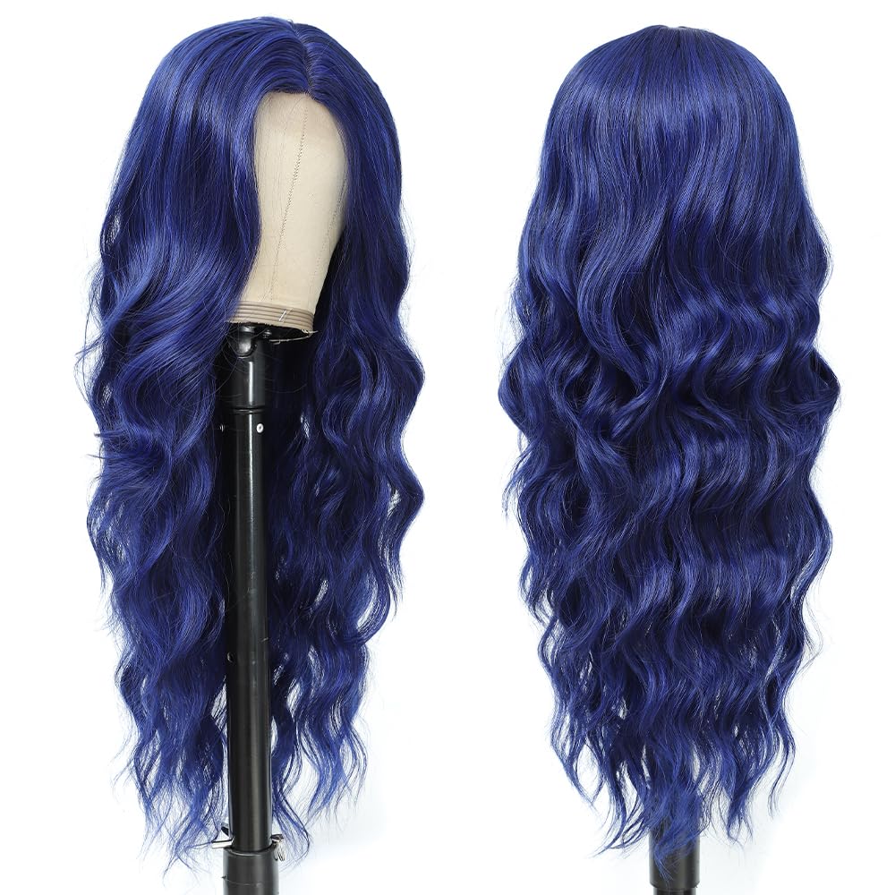 Blue Mixed Black Wigs for Women Long Wavy Blue Wig Natural Middle Part Synthetic Curly Hair Heat Resistant Fiber Hair Replacement Wigs for Daily Party
