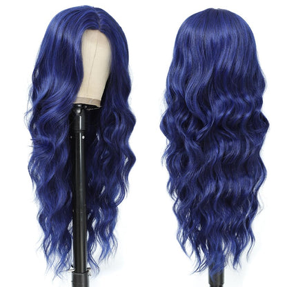 Blue Mixed Black Wigs for Women Long Wavy Blue Wig Natural Middle Part Synthetic Curly Hair Heat Resistant Fiber Hair Replacement Wigs for Daily Party
