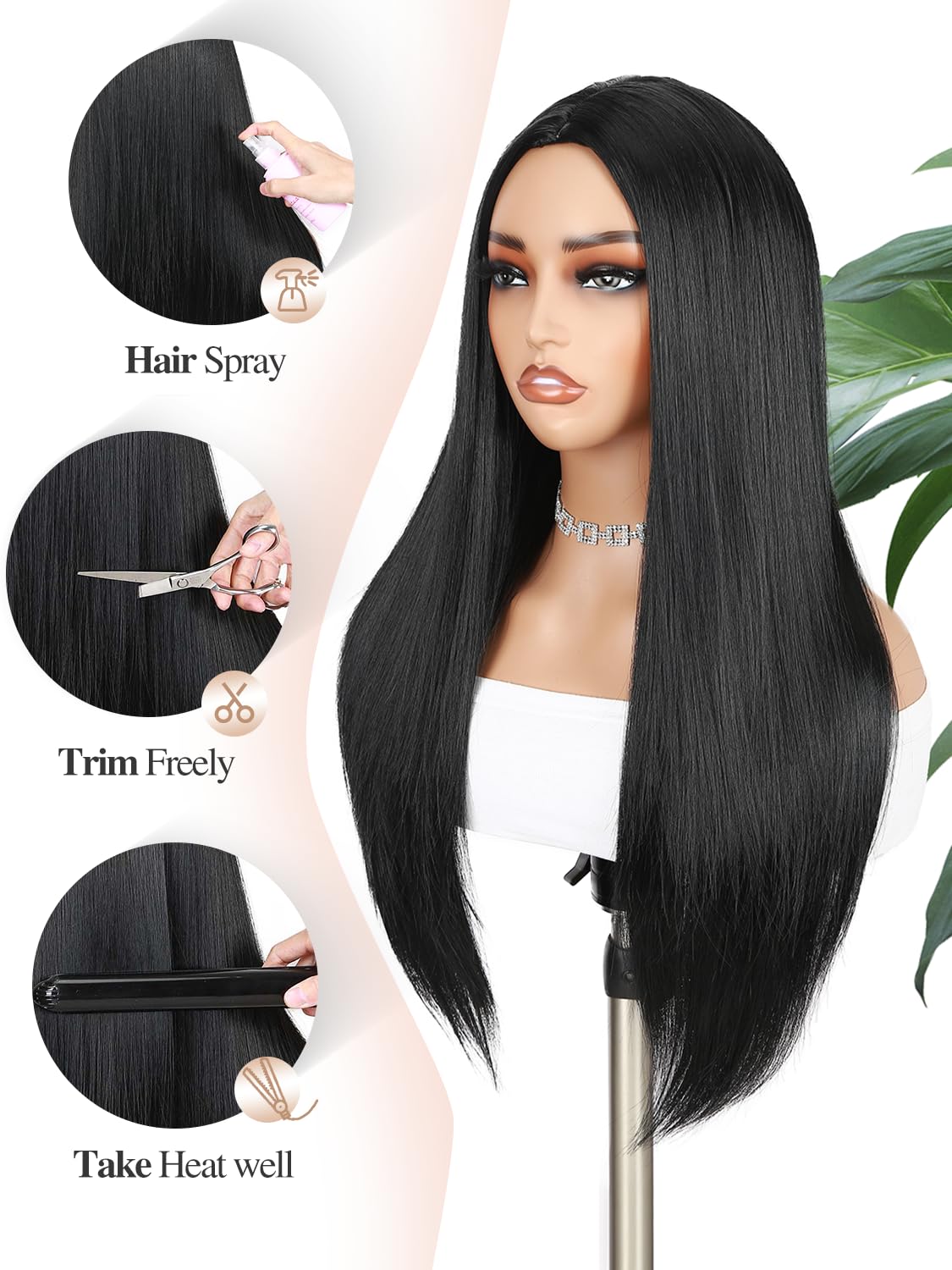 WIGER Long Black Wigs Straight Black Hair Dye Wig for Women Middle Part Synthetic Heat Resistant Natural Hair for Party or Halloween Costume Full Black Wigs for Girls (1B)