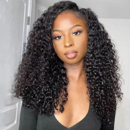ISEE V Part Human Hair Kinky Curly Minimal/No Leave Out Upgrade U Part Wig for Black Women Human Hair V Shape Wig Kinky Curly Thin Part Glueless Clip In Half Wig 180% Density Natural Color 16 Inch