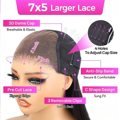 7X5 HD Glueless Wigs Human Hair Pre Plucked Pre Cut Pre Bleached Knots,Wear and Go Glueless Wigs,Straight Lace Front Closure Wig for Black Women 200% Density 26 Inch