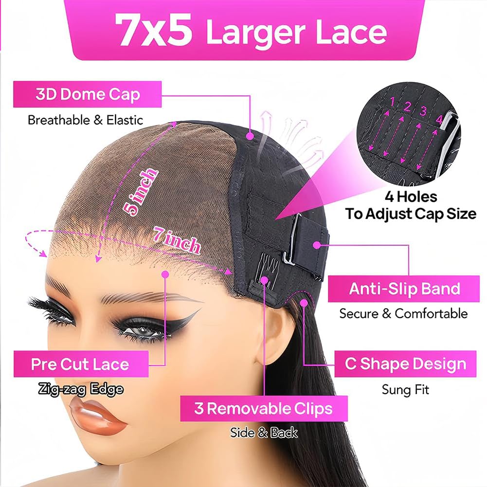 7X5 HD Lace Glueless Wigs Human Hair Pre Plucked Pre Cut Pre Bleached Knots,Wear and Go Glueless Wigs,Straight Lace Front Closure Wig for Black Women 200% Density 24 Inch