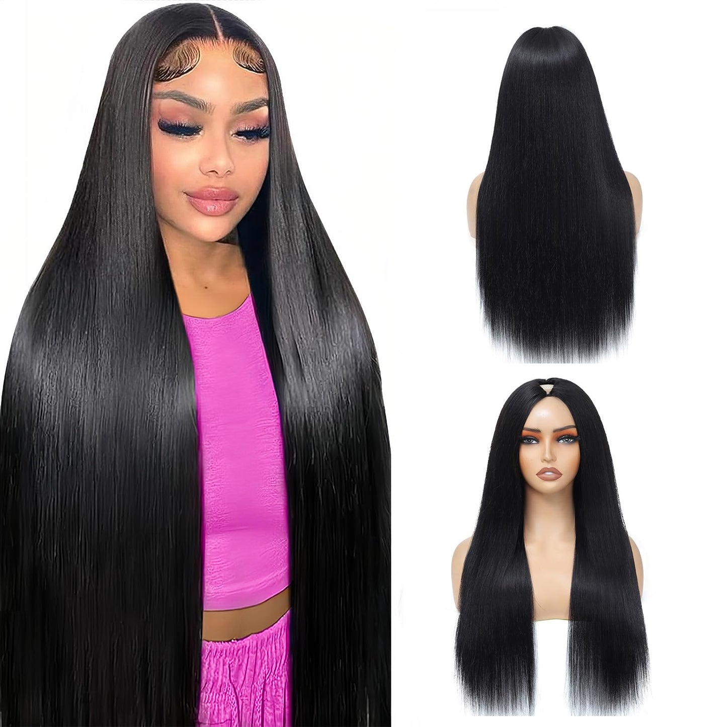 V Part Wig Human Hair Straight Human Hair Wigs Upgrade U Part Human Hair Wig for Women No Leave Out No Sew In 200% Density Natural Color 26 Inch