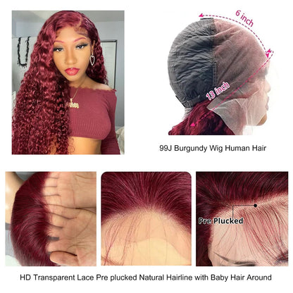 Bworto 30 Inch Burgundy Wig Human Hair 99j Burgundy 13x6 Deep Wave Lace Front Wigs Human Hair Pre Plucked HD Transparent Lace Frontal Wigs for Black Women Red Colored Wig