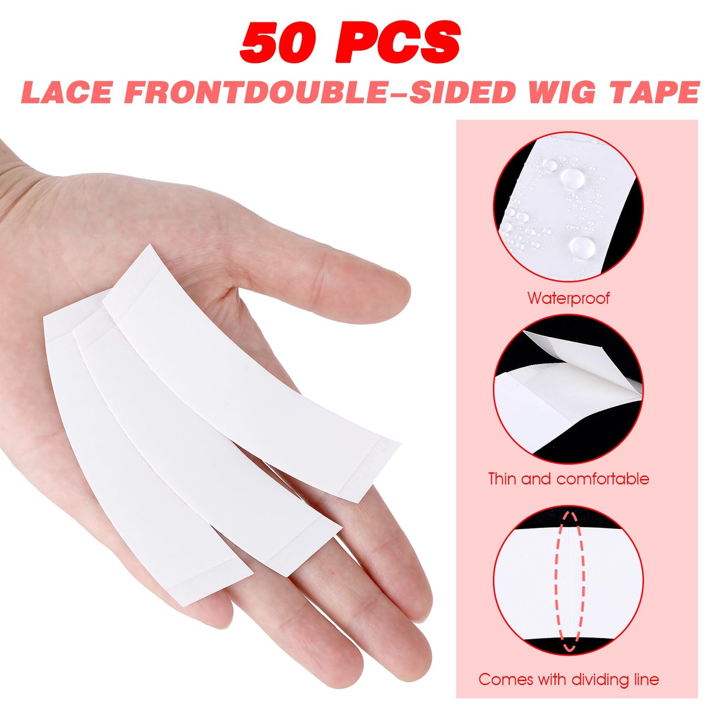 Prasacco 50 PCS Wig Tape for Lace Front Wigs - Invisible Waterproof Double Side Tape Strips for Hairpieces and Hair Extensions
