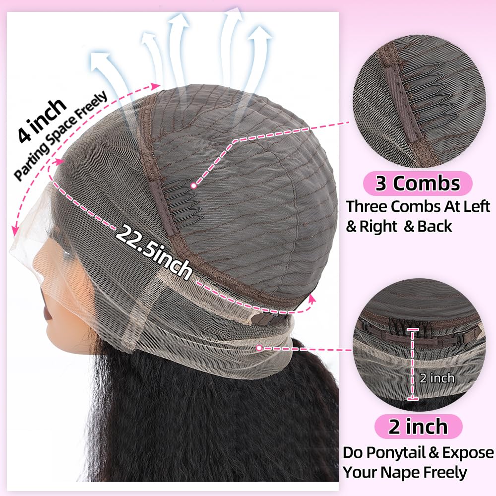 Alidiamond 360 Lace Front Wigs Human Hair Kinky Straight Wig 360 Frontal Wigs for Black Women 16 Inch 180% Density Yaki Straight 360 Full Lace Human Hair Wigs with Baby Hair Natural Color