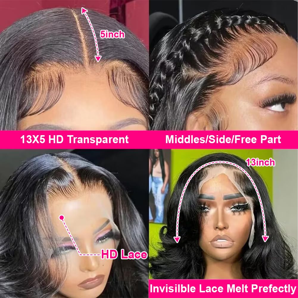 Wingirl 30 Inch Lace Front Wigs Human Hair 13x5 220 Density HD Transparent Lace Frontal Wig with Baby Hair 12A Glueless Body Wave Human Hair Wigs for Women Black Color